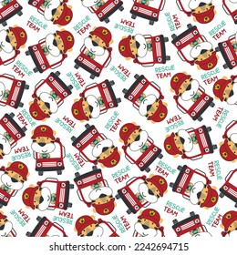 Seamless pattern of fire fighter car with tiger fire fighter animal cartoon. Creative vector childish background for fabric, textile, nursery wallpaper, card, poster and other decoration.