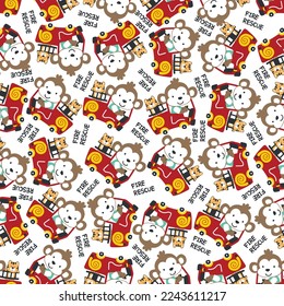 Seamless pattern of fire fighter car with monkey fire fighter animal cartoon. Creative vector childish background for fabric, textile, nursery wallpaper, card, poster and other decoration.