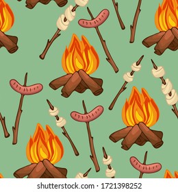 Seamless Pattern, Fire And Food, Camping, Wallpaper And Fabric Ornament, Wrapping Paper, Background For Design