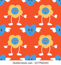 Seamless pattern with fire and heart with wings. Modern groovy hippie abstract bright background. Vector illustration, flat design, cartoon.