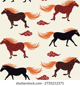 Seamless pattern Fire Horses on beige background. Chinese steed, clouds repetitive print illustration. Asian firey mustang gallop repeat decorative texture. WIld run stallion and wind blow wall paper motif, vector design eps 10