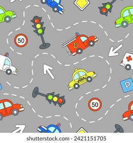 Seamless pattern with fire truck, police car, ambulance, taxi, car, traffic lights, road signs on a gray background. Cartoon vector illustration for wallpaper, print, fabrics.