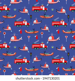 Seamless pattern with fire trucks, helicopter, airplane. Design for fabrics, textiles, wallpaper, packaging, children's room decoration.