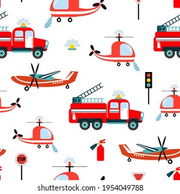 Seamless pattern with fire trucks, helicopter, airplane. Design for fabrics, textiles, wallpaper, packaging, children's room decoration.	