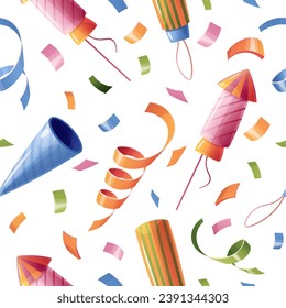 Nahtlose Muster mit Feuerwehrleuten, Feuerwerken, Konfetti, Serpentine. Hintergrund mit Festartikeln zum Geburtstag. Feste Textur für Verpackungspapier, Karten, Stoff, Tapete.