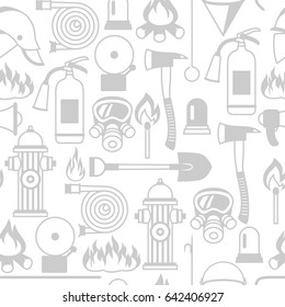 Seamless pattern with firefighting items. Fire protection equipment.