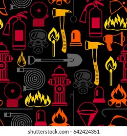 Seamless pattern with firefighting items. Fire protection equipment.