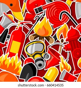 Seamless pattern with firefighting stickers. Fire protection equipment.