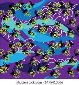 Seamless pattern with fireflies. Stylish designer print. Luminous insects against the sky.