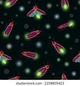 Seamless pattern with firefly insects flying with different angles. Vector texture for design.