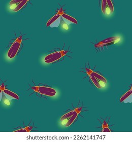 Seamless pattern with firefly insects flying with different angles. Vector texture for design.