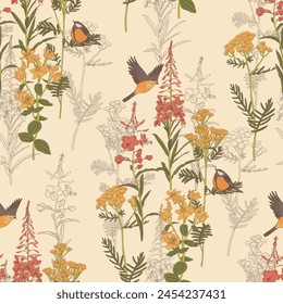 seamless pattern with fireweed, red willowherb and tansy, field flowers and birds, vector drawing wild plants, flowering meadow , hand drawn natural illustration, natural cover design