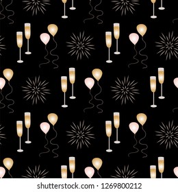 Seamless pattern of firework, champagne, and ballons on a black background. Great for textile print, invitations, or packaging. Vector file. 