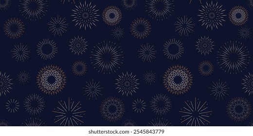 Seamless pattern with firework line circles on dark blue background. Geometric repeat backdrop.