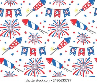 Seamless pattern with fireworks, banners and sparklers for Independence Day. Fourth of July vector background in flat style