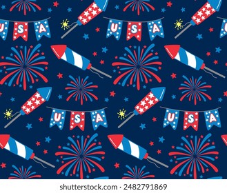 Seamless pattern with fireworks, banners and sparklers for Independence Day. Fourth of July vector background in flat style	