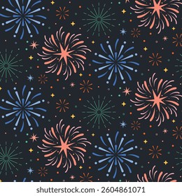 Seamless pattern with fireworks for celebration, happy fireworks celebration with background.