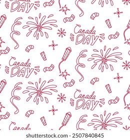 Seamless pattern with fireworks and confetti doodle on Canada Day. A contour illustration depicting festive objects in red tones, symbolizing the holiday dedicated to Canada Day, on white background.