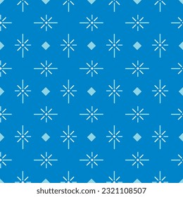 Seamless Pattern Fireworks and diamond in Blue theme with dark blue background. Look like Snowflake for Winter. Design for Wallpaper, wrapping paper, interior, tile, fabric, Vector.