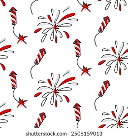 Seamless pattern with fireworks in the festive theme of Canada. Vector flat illustration depicting festive firecrackers in red tones, symbolizing the holiday dedicated to Canada Day, on a white