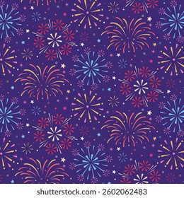 Seamless pattern with fireworks, happy fireworks celebration with background.
