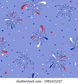 Seamless pattern of the fireworks to the Independence Day and Bastille Day in the national colors of the flags. Blue, White and red firework. The pattern is fixed in swatches. Vector illustration