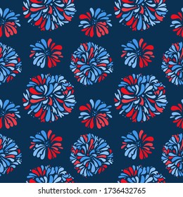 Seamless pattern - Fireworks night sky Happy independence day United states of America. 4th of July. dark blue background. Vector flat illustration.