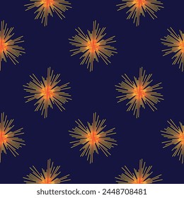 Seamless pattern of fireworks on blue background. The scene is festive and celebratory. Web design, greeting cards, print, textile, wallpaper, packaging