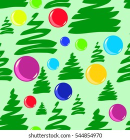Seamless pattern with firs and colorful balls