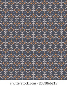 Seamless pattern with firs and flowers in scandinavian folk style. Pixel emboidery effect. Stock illustration for web and print, wallpaper, background, textile, scrapbooking and wrapping paper.