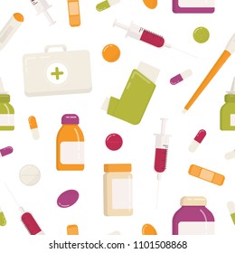 Seamless pattern with first aid kit, inhaler, pills, drugs, medications, syringe and other medical tools on white background. Flat cartoon colorful vector illustration for wrapping paper, wallpaper.