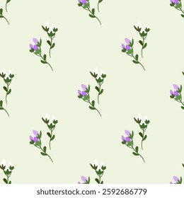 Seamless pattern with first flowers in a spring palette of shades. Snowdrops. Flat vector illustration for printing on cards for design, plots, printing, packaging, clothing, etc.