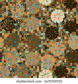 Seamless pattern. The first layer consists of round blots. Pixel camouflage colors of the jungle and desert landscape. Small squares and four-beam stars. Checkered texture.