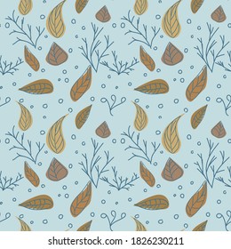 seamless pattern first snow, beginning of winter. dry leaves, branches, snowflakes. design for fabric, greeting card, wrapping paper. blue background, yellow leaves. autumn, winter theme. vector eps