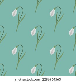 Seamless pattern with first spring flowers and snowdrops. Flowers on a blue background. Vector illustration.