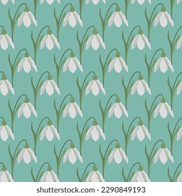 Seamless pattern with first spring flowers and snowdrops. Flowers on a blue background. Vector illustration.
