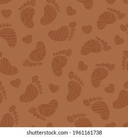 Patrón sin inconvenientes Huellas de bebé de primer paso. Ilustración de colores neutros sobre fondo marrón. Para tela, imprenta, textiles, sala de decoración infantil, fondo, papel pintado. Vector