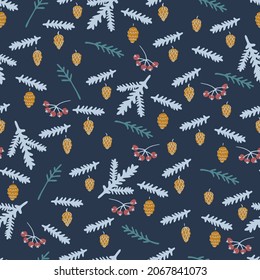 Seamless pattern with fir-tree branches, berries, strobiles, oak acorns on dark blue background. Autumn, winter night concept. For textile, surface design and other design projects