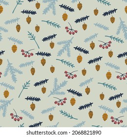 Seamless pattern with fir-tree branches, berries, strobiles, oak acorns on light blue background. Autumn concept. For textile, surface design and other design projects