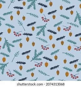 Nahtloses Muster mit Tannenbäumen-Ästen, Beeren, Streicheln, Eichenhornen auf blauem Hintergrund. Herbst, Winterkonzept. Für Textil-, Oberflächendesign- und andere Design-Projekte