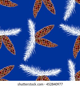 Seamless pattern with fir-tree brown cones and white branches on blue background. Vector illustration for winter holiday design, Christmas decoration.