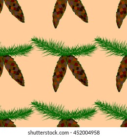 Seamless pattern with fir-tree cones on green background. Vector illustration.