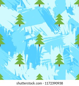 Seamless pattern with fir-trees and blue brush strokes background. Vector illustration