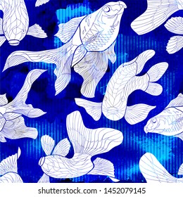 Seamless  pattern with fish. Abstract underwater background. Watercolor style bright texture. Marine motifs for fabric textile design. Blue color backdrop.