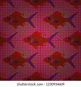Seamless pattern with fish. Abstract vector color image of repeating and alternating constituent elements. Vector illustration. Decorative ornament with fishes in orange, red and purple colors.