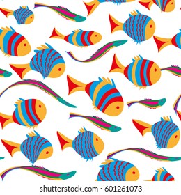 Seamless pattern with fish. Abstract vector illustration. Color image of repeating and alternating constituent elements. Decorative ornament