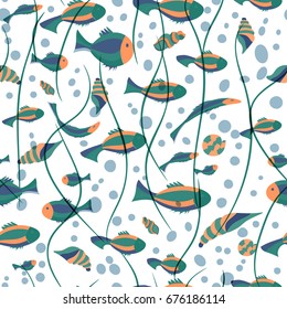 Seamless pattern with fish. Abstract vector illustration. Color image of repeating and alternating constituent elements. Decorative ornament