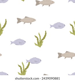 Seamless pattern with fish and algae color. Vector illustration dorado carp, background.