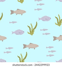 Seamless pattern with fish and algae color. Vector illustration dorado carp, background.