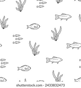 Seamless pattern with fish and algae doodle style. Vector illustration dorado carp, background.